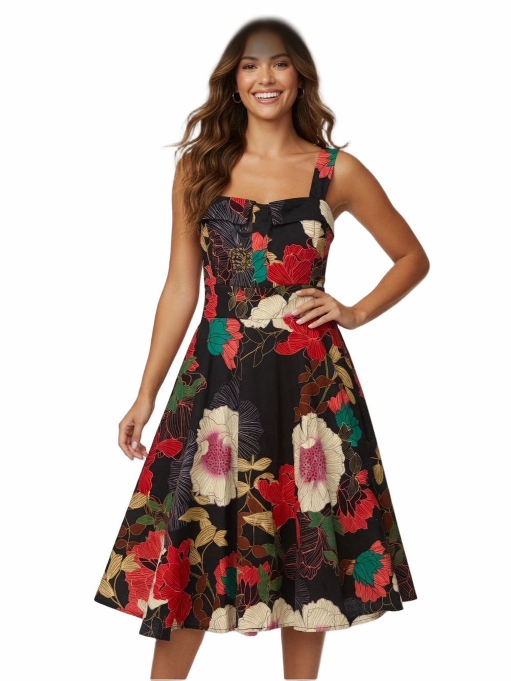 Eva Rose Retro 50s Floral Fit & Flare Swing Dress Pockets M